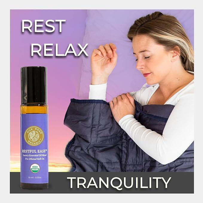 Silk Road Organic Restful Ease Essential Oil Sleep & Stress Blend Roll On - 100% Pure USDA Certified with Indian Sandalwood - Stress Ease Aromatherapy & Calming Relaxation - 10 ml Roller-VivaGrace Women
