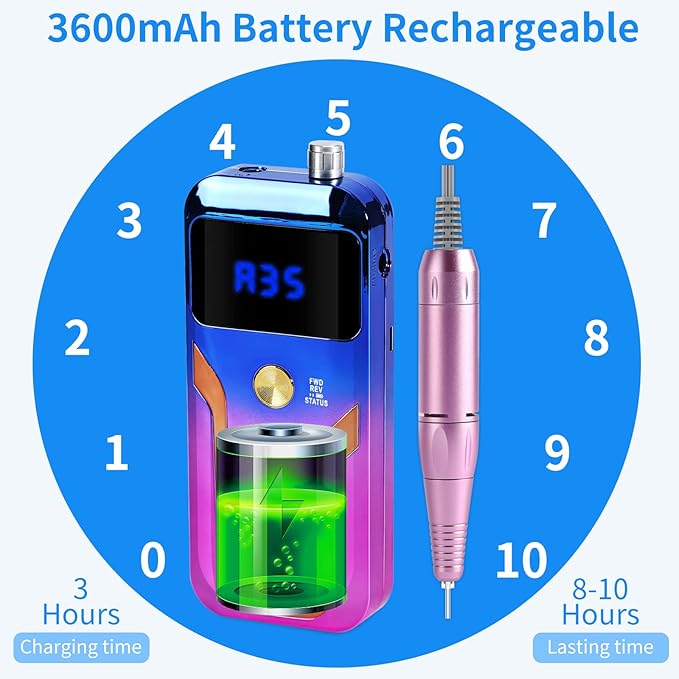 Portable Nail Drill Professional 35000 RPM, MOCOWIND Rechargeable Electric Nail File Machine for Acrylic Nails Gel Polishing Removing, Cordless E-File with Bits for Manicure Salon Home, Blue & Purple-VivaGrace Women