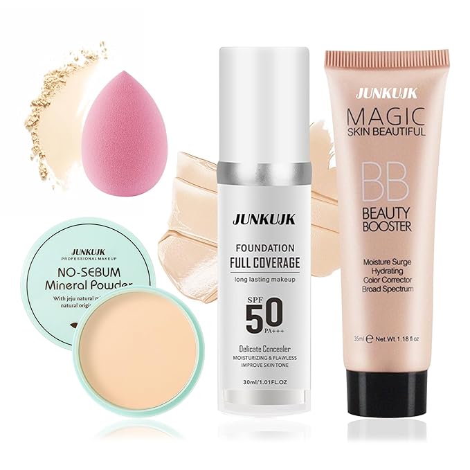 Color Changing Foundation Set,Full Coverage Foundation Liquid Foundation Makeup Gift Set,Moisturizing BB Cream for Women,Flawless Loose Setting Powder Face Primer Base Makeup Kit With Makeup Sponge-VivaGrace Women