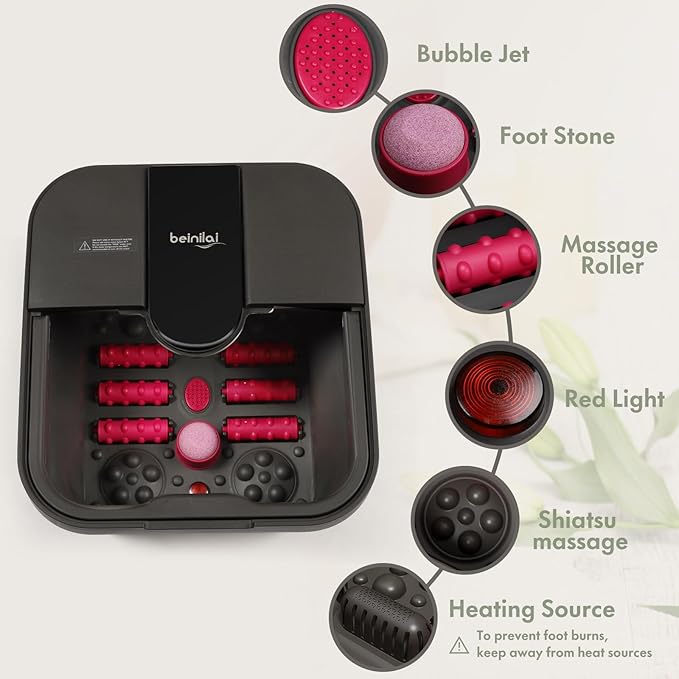 Beinilai Collapsible Foot Spa Bath with Heat,Bubble,Massage Rollers, Tea Tree Oil Foot Soak with Epsom Salt, Pedicure Foot File, Red Light,Removable Pumice Stone,Pedicure Foot Spa-VivaGrace Women
