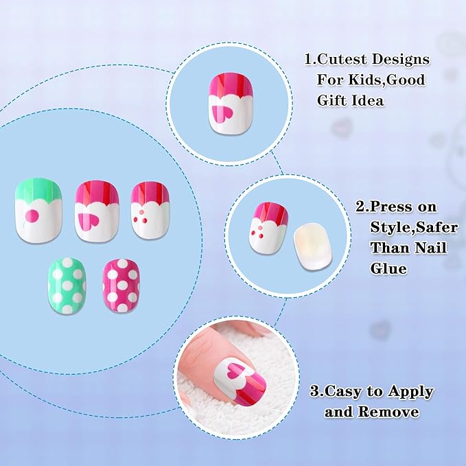 JANYUN 96 Pcs Children False Nails Valentine's Day Short Fake Stick on Nails Kit for Girls Stick on Nails