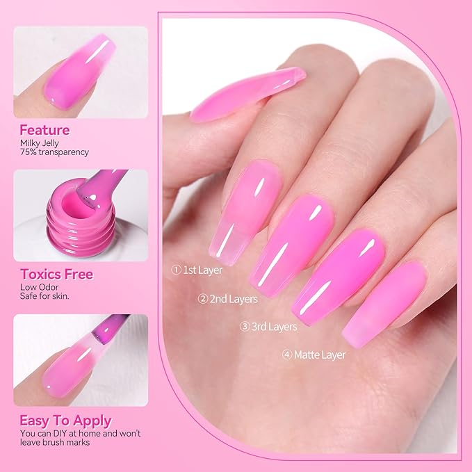 Born Pretty Jelly Gel Nail Polish Set - Milky Jelly Hot Pink Translucent Gel Polish - Spring Summer Neon Pink Valentine's Day Gift 6PCS-VivaGrace Women