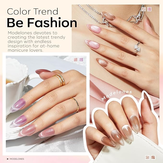 modelones Cat Eye Gel Nail Polish 6 Colors Nude Pink Brown Purple Cat Eye Nail Polish Glitter Semi-transparent Holographic 9D With Magnet Pastel All Seasons Soak Off Led Nail Art DIY Salon Gifts-VivaGrace Women