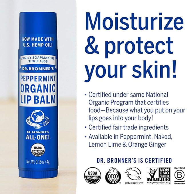 Dr. Bronner's - Organic Lip Balm (Peppermint, 0.15 ounce, 6-Pack) - Made with Organic Beeswax and Avocado Oil, For Dry Lips, Hands, Chin or Cheeks, Jojoba Oil for Added Moisture, Cooling and Hydrating-VivaGrace Women