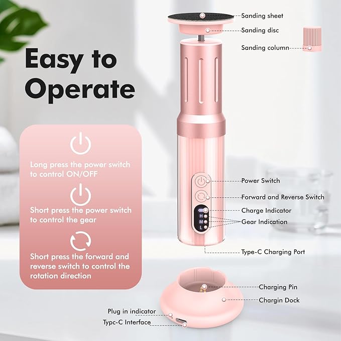Electric Foot Callus Remover Cordless Electric Foot Filer Kit with 6Speeds Chagring Dock Callus Remover for Women Feet and Nail (Pink)-VivaGrace Women