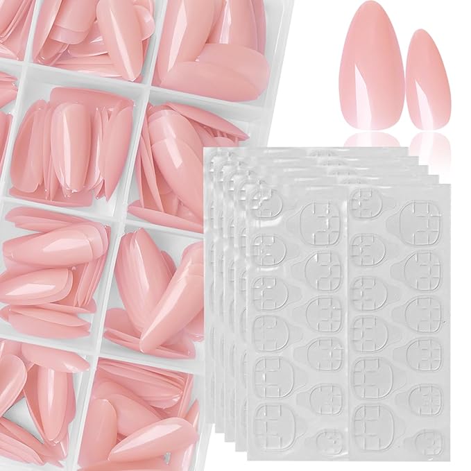 LoveOurHome 240pc Almond Press on Nails Medium Fake Nail Tips Nude Acrylic Nails Press ons Nail Almond Short Stiletto False Nail French Artificial Fingernail & Adhesive Tabs Glue for Women Girls