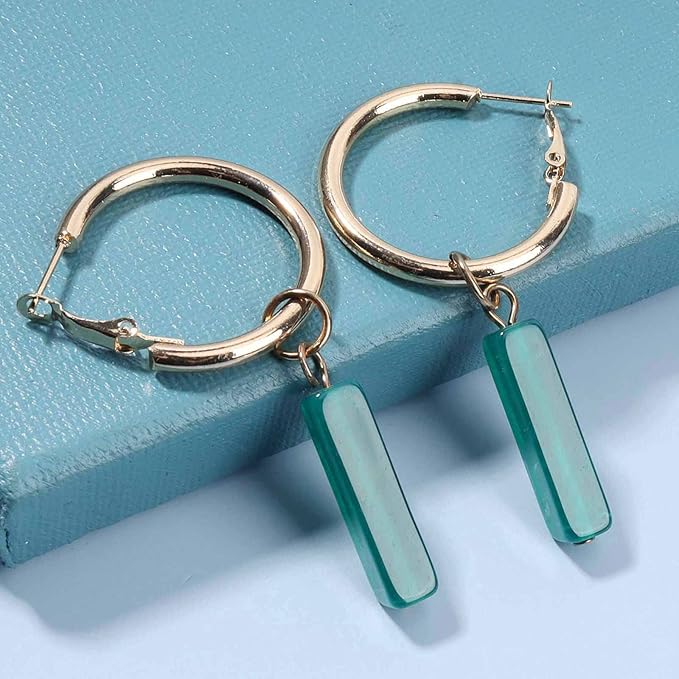 Boho Rectangle Green Jade Earrings Green Marbled Earrings Gold Circle Leverback Dangle Earrings Vintage Circle Hoop Dangle Earrings Jewelry for Women and Girls-VivaGrace Women