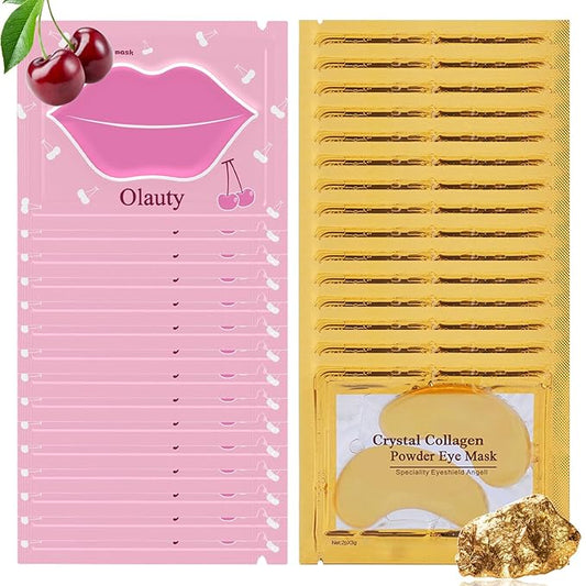 30 Pieces Lip Mask & Under Eye Mask,24K Gold Gel Crystal Collagen Eye Patches, Cherry Lip Masks Skincare,Moisturizing& Reducing Reducing Fine Lines & Dark Circle for Puffy Eyes-VivaGrace Women