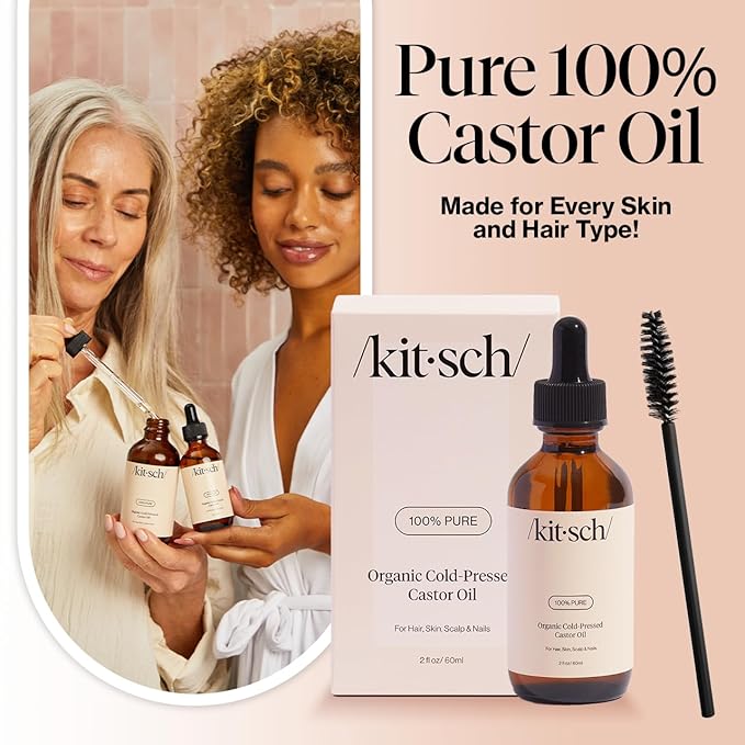 Kitsch Organic Castor Oil for Hair Growth - 100% Pure Castor Oil, Organic Cold Pressed Unrefined Glass Bottle for Face, Skin, Lashes, Brows, Scalp, Nails & Belly Button - Hexane Free, USDA - 2 oz-VivaGrace Women