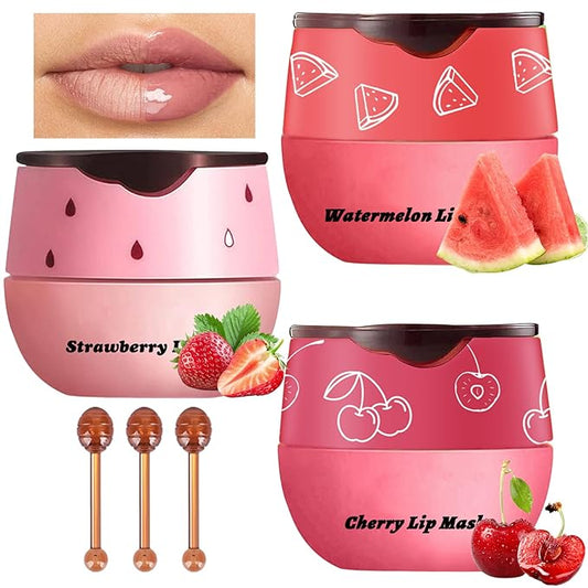 3Pcs Lip Balm Honey Pot with Stick, Honey Strawberry Apple Moisturizing and Hydrating Sleeping Lip Mask, Day and Night Repair and Care, Improve Lip Color, Reduce Lip Lines (SET C)-VivaGrace Women