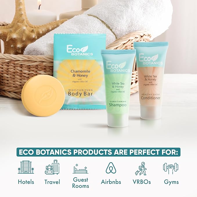 Eco Botanics Hotel Soaps and Toiletries Bulk Set | 1-Shoppe All-In-Kit Amenities for Hotels & Airbnb | 0.85 oz Hotel Shampoo & Conditioner, 0.89 oz Bar Soap Travel Size | 150 Pieces-VivaGrace Women
