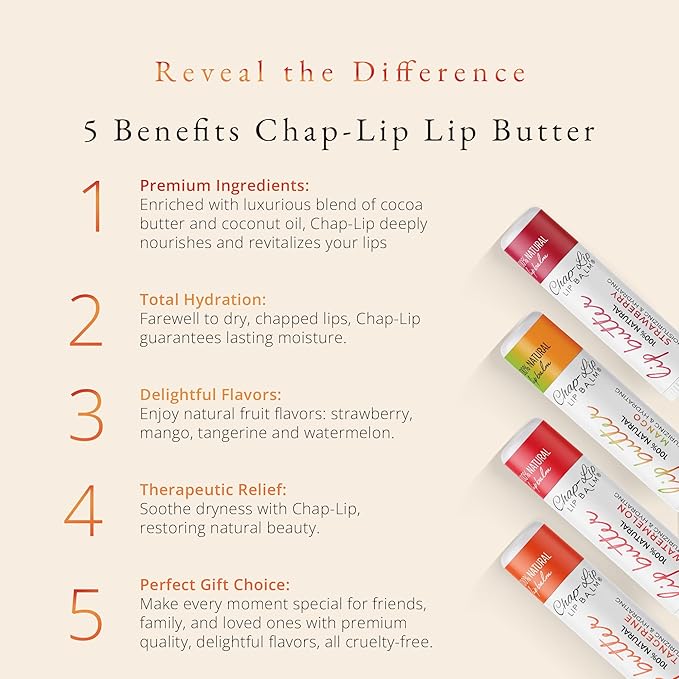 CHAP-LIP 100% All Natural Lip Balm Hydrating Bulk Chap Stick with Fruit Flavors, Coconut Oil, and Cocoa Butter - Lip Therapy Pack for Men and Women - Gift Set Made in the USA, 60 Pack-VivaGrace Women
