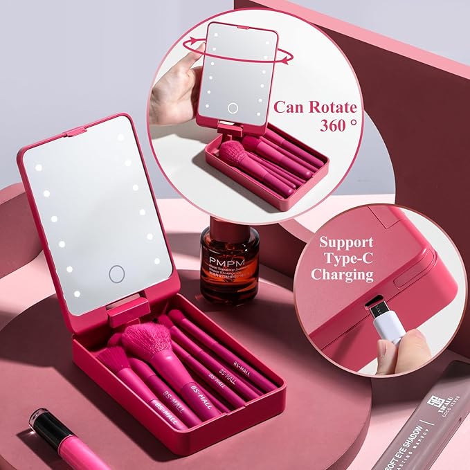 BS-MALL Travel Makeup Brush Set Foundation Powder Concealers Eye Shadows Makeup Set with LED light Mirror 14 Pcs (HotPink)-VivaGrace Women