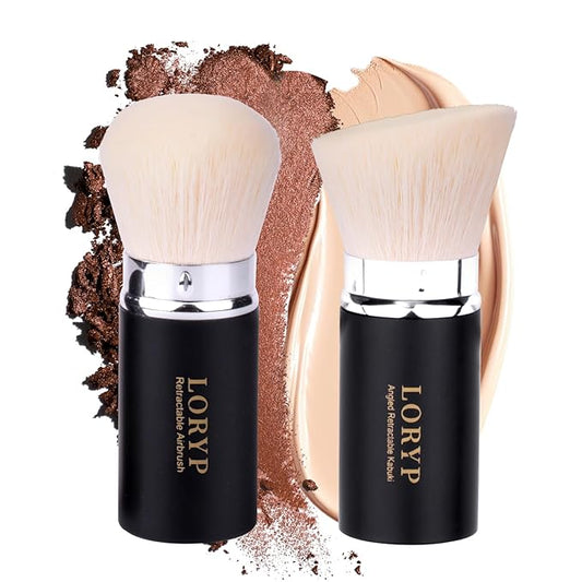LORYP Retractable Makeup Brush Matte Black Kabuki Foundation Brush for liquid Cream and Powder Makeup 2 Pack Travel Makeup Brush Set-VivaGrace Women