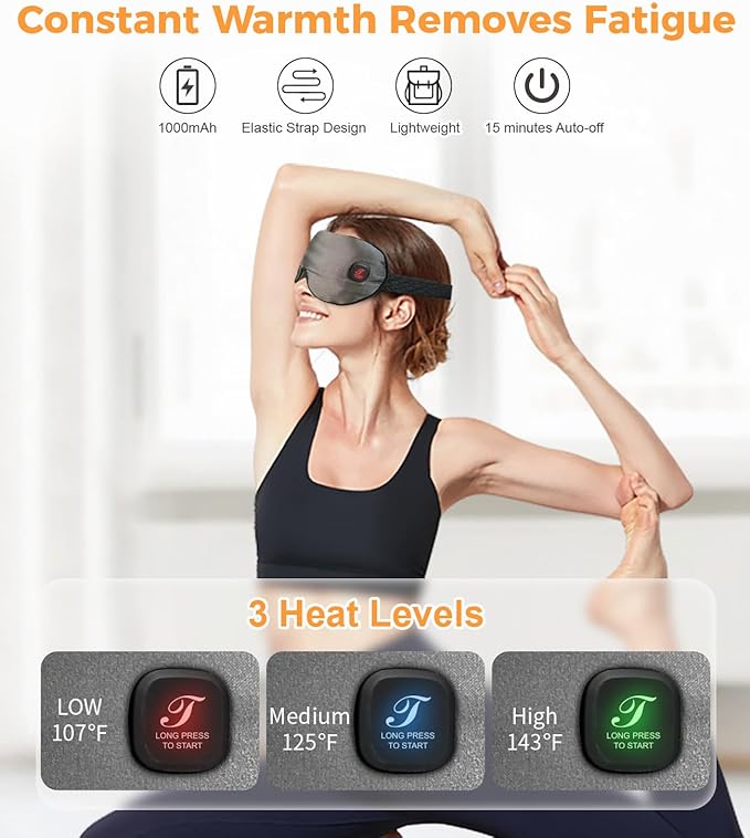 Heated Eye Mask for Dry Eyes, Cordless Warm Eye Compress, Styes, Blepharitis, 1000mAh, 3 Heat Levels, Electric, Light-Blocking, Washable Cover, Travel (Gray)-VivaGrace Women