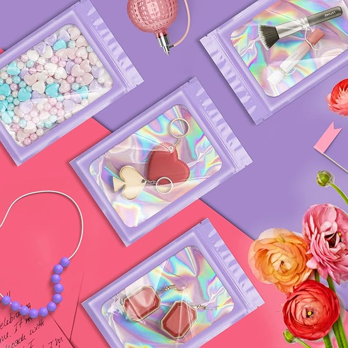 100 Pieces Smell Proof Mylar Bags, Holographic Packaging Bags, Resealable Odor Foil Pouch Zipper Bag with Clear Window for Food Storage and Lipgloss, Jewelry Lash (Purple, 3 x 4.7 Inch)-VivaGrace Women