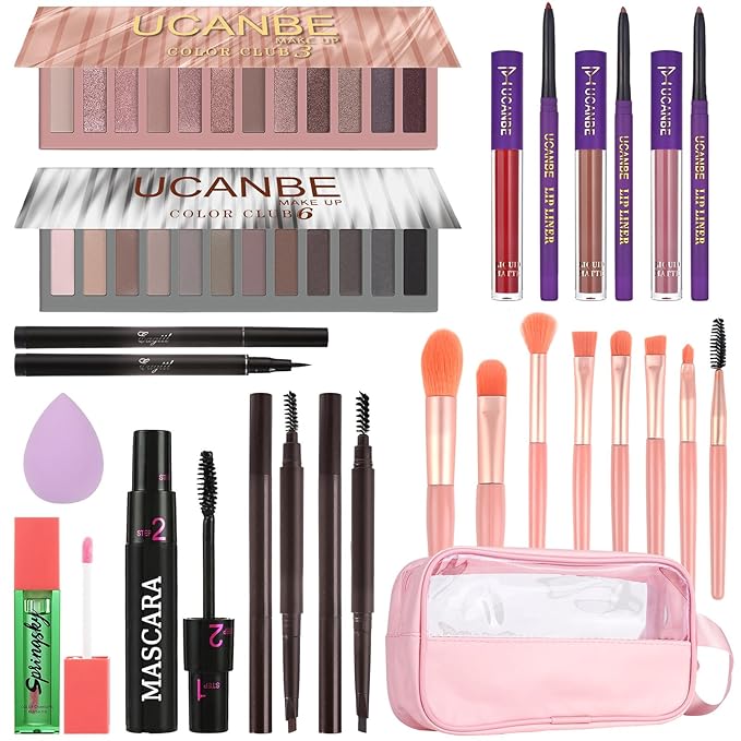 UCANBE All in One Makeup Full Kit for Women, Naked Nude Eyeshadow Palette, Matte Liquid Lipstick, Lipliner, Eyeliner, Mascara, Eyebrow Pencil, Makeup Brush & Sponge, Make Up Gift Set-VivaGrace Women
