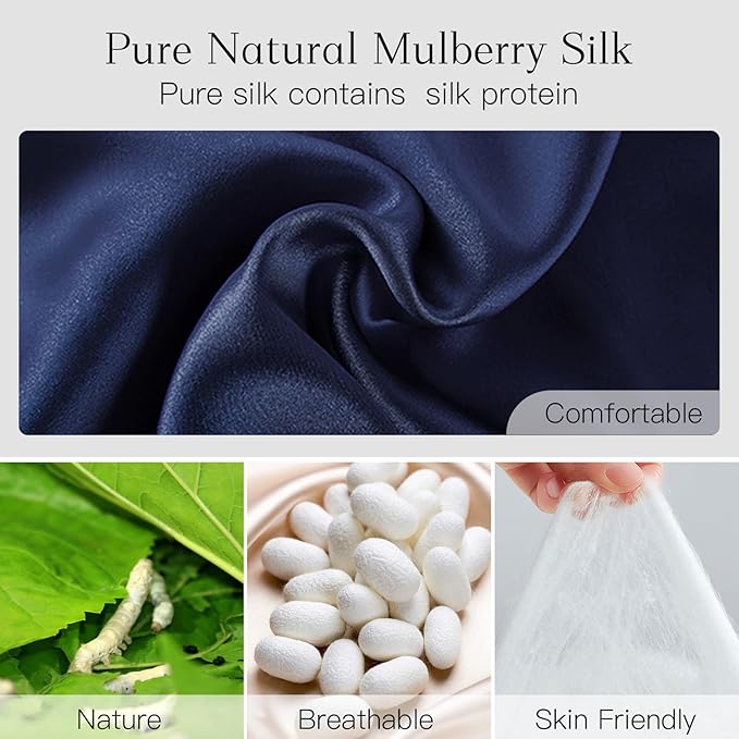 100% Natural Silk Eye Mask for Women Men, Soft Pressureless Cooling Blackout Eye Covers for Sleeping, Large Size Sleep Mask fits All Heads Adjustable, 1PC, Navy Blue-VivaGrace Women