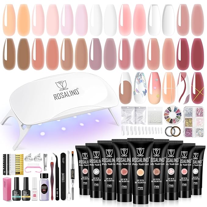 ROSALIND Poly Nail Gel Kit -14 Colors Nail Art Accessories kit Clear Nude Nail Extension Gel Starter with Slip Solution White Nude Pink Nail Extensions Gels Set with Mini UV Lamp-VivaGrace Women