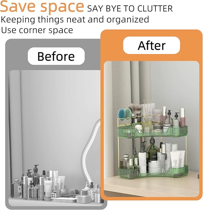2 Tier Corner Bathroom Organizer Countertop, Vanity Makeup Organizer with Brush Holder, Space-Saving Skincare Storage Corner Shelf for Bathroom, Dressing Table, Kitchen-VivaGrace Women
