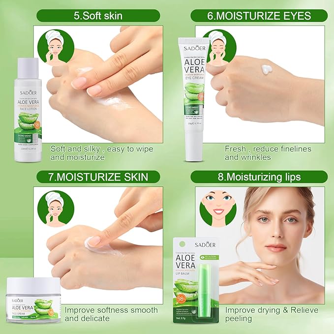 10 Pcs Skin Care Sets Face Care Set for Women Includes 1 Pcs Cleanser, Toner, Lotion, Eye Cream, Serum, Face Cream, Lip Balm and 3 Facial Masks Skincare Gift for Girls (Aloe Vera)-VivaGrace Women