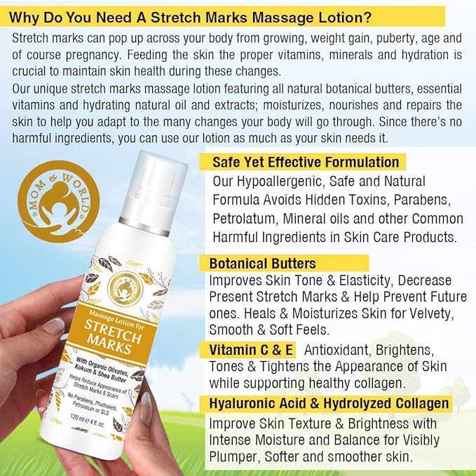 Mom & World Massage Lotion For Stretch Marks -120ml - With Organic Olivates, Kokum & Shea Butter-VivaGrace Women