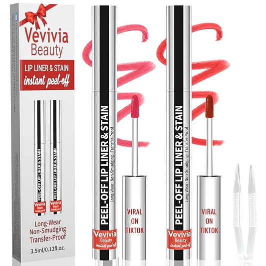 2pcs Lip Stain Peel Off - Lip Liner Stain Long Lasting Waterproof,2-in-1 Lip Liner with Tweezer Nude Matte,Non-Stick Cup,Highly Pigmented，Natural Finish,Stay On All Day,Perfect for Gift (Nude+Cocoa)-VivaGrace Women