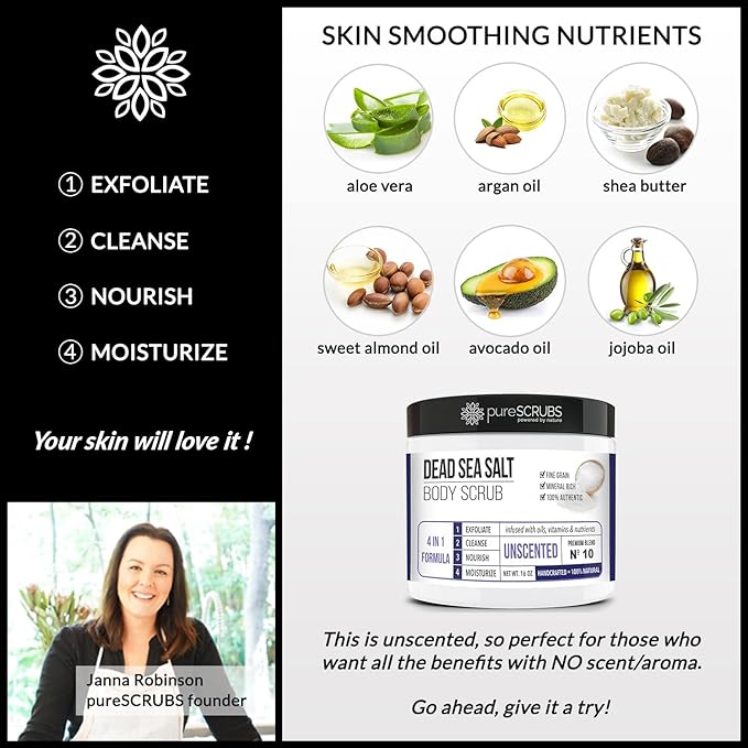 pureSCRUBS Premium Unscented Body Scrub Set - Large 16oz Dead Sea Salt Body Scrub With Infused Essential Oils & Nutrients, Includes Wooden Spoon, Loofah & Oatmeal Exfoliating Bar Soap-VivaGrace Women