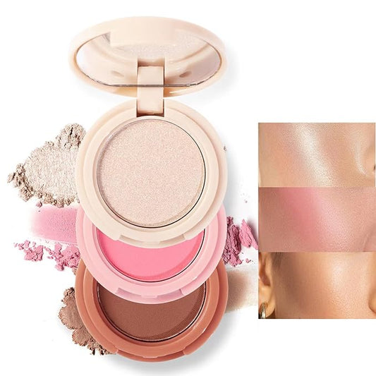 3-in-1 Blendable Trio, Contour and Highlight Blush Makeup Palette, Cream Bronzer, Silky Smooth Powder Blush, Shimmer Highlighter Makeup Powder, Pink Brown Eyeshadow Palette with Mirror(01)-VivaGrace Women