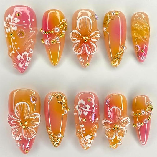 24Pcs Flower Press on Nails Medium Almond Handmade Fake Nails with 3D Pearl Charms Design Orange Red False Nails Full Cover Artificial Glue on Nails Spring Summer Stick on Nails for Women DIY Manicure