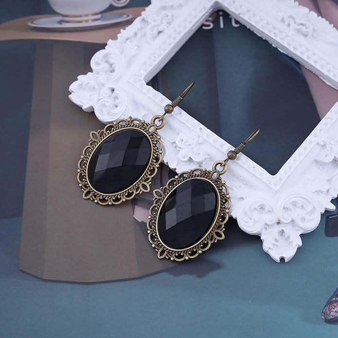 Vintage Black Crystal Drop Earrings Oval Onyx Dangle Earrings Large Onyx Stud Earrings Black Gem Hook Earrings Jewelry for Women and Girls-VivaGrace Women