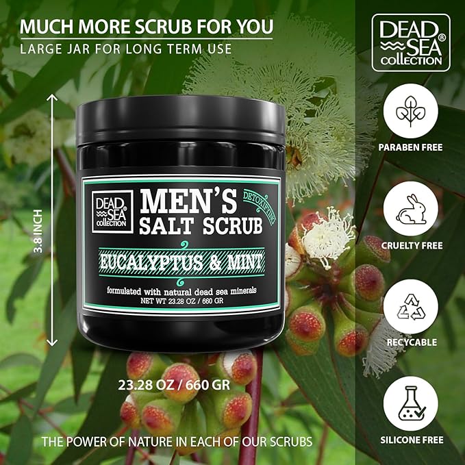 Salt Body Scrub Eucalyptus & Mint For Men– Moisturizes, Exfoliates & Nourishes Skin – Cleanses & Detoxifies with Dead Sea Minerals – Dead Sea Collection - 23.28 OZ-VivaGrace Women