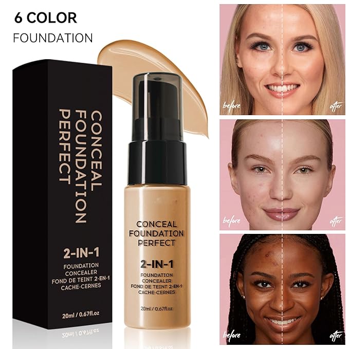 6 Colors Liquid Foundation Long-Lasting,Poreless Liquid Oil Concealer Foundation For All Skin Type,Waterproof & Sweat-Proof,Easy To Push Away,Flawless Finish Foundation,Balanced Skin Color-VivaGrace Women