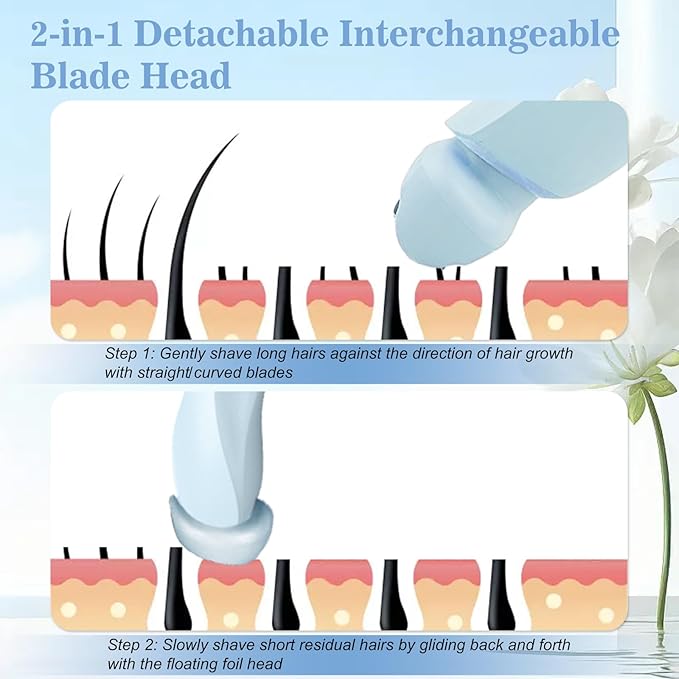 Livora Electric Shaver for Women, 2 in 1 Wet & Dry Bikini Trimmer with 2 Removable Heads, The Glide Pro 3.0 Razor, Painless Hair Removal for Bikini, Legs, Underarms, Body (Blue)-VivaGrace Women