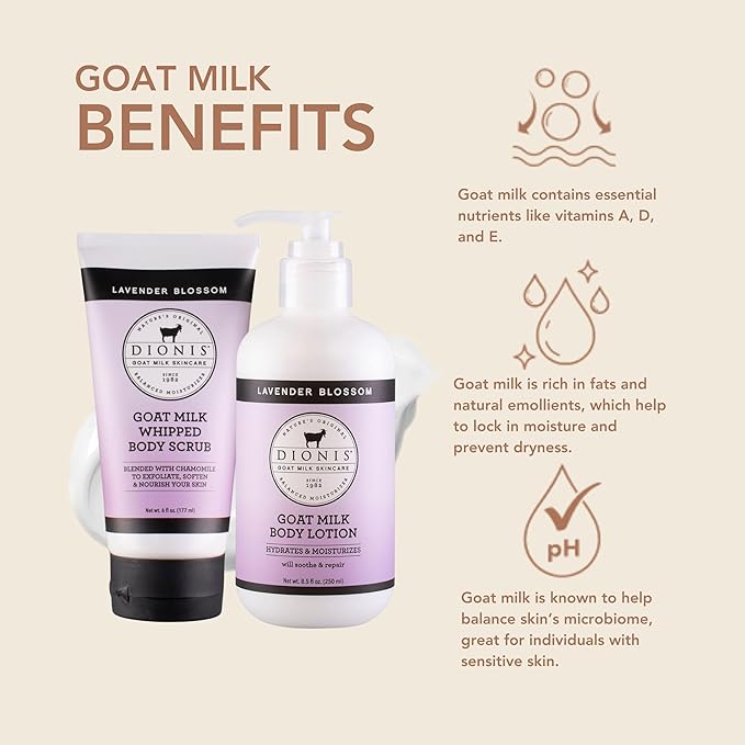 Dionis Goat Milk Skincare Lavender Scented Whipped Body Scrub & Lotion Gift Set - Gentle Chamomile Blended Exfoliating Sugar Scrub & Hydrating Body Cream Set, 6 oz & 8.5 oz-VivaGrace Women