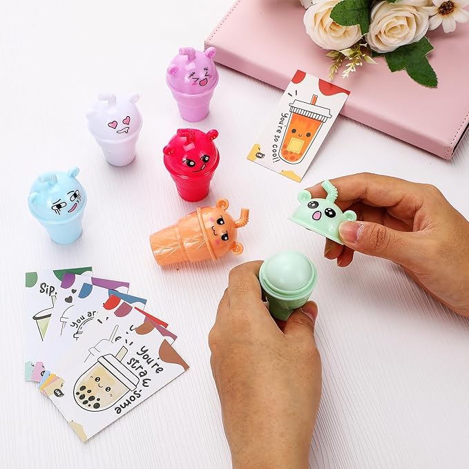 24 Sets Milk Tea Shaped Cute Lip Balm Fruit Flavored Lip Balm with Milk Tea Theme Gift Cards Milk Tea Boba Lover Birthday Baby Shower Party Inspirational Gifts Favors for Girls Kids Women-VivaGrace Women