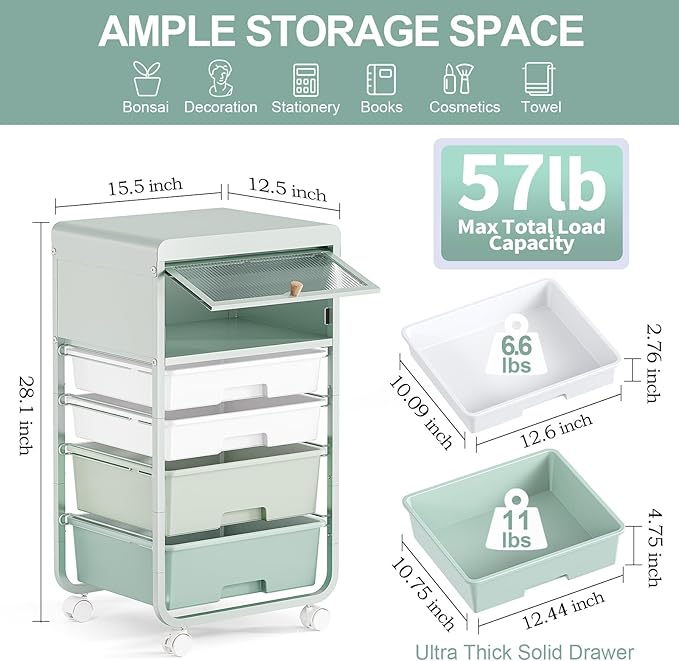 Utility-Rolling-Storage-Drawer-Craft-Cart-Organizers with 4 Drawers & Dust-proof Door for Kid Craft Art Room,Bedroom,Home Office, 4 Tiers Drawer cart, Green-VivaGrace Women