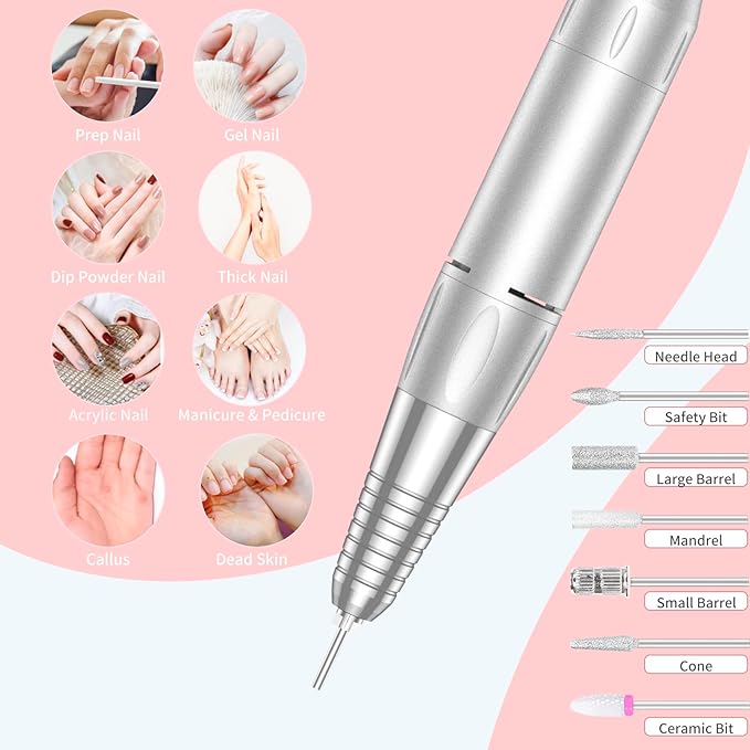 Portable Nail Drill Professional 35000 RPM, MOCOWIND Rechargeable Electric Nail File Machine E File for Acrylic Gel Polishing Removing, Cordless E-File with Bits Kit for Manicure Salon Home,Pink-VivaGrace Women