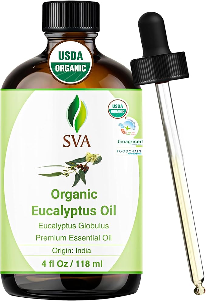 SVA Eucalyptus Essential Oil Organic – 4 Fl Oz – 100% Natural Organic Eucalyptus Oil - for Diffuser, Hair, Face, Skin Care, Aromatherapy, Scalp and Body Massage, Soap and Candle Making - with Dropper-VivaGrace Women