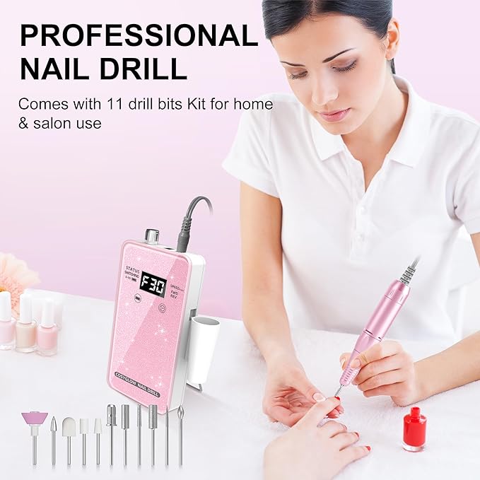 Professional Electric Nail Drill File:COSYGLOW Glitter Portable Cordless E-File Nail Drill Kit with 11 Drill Bits,30000 RPM Rechargeable Nail Drills Machine for Acrylic Nails Gel Polishing (Pink)-VivaGrace Women