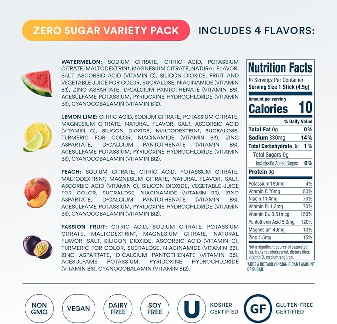 DripDrop Sugar Free Hydration Packets - Zero Classic Variety Pack - Single Serve Electrolytes Powder Drink Mix - Lemon Lime, Watermelon, Peach, Passion Fruit - Non-GMO, Gluten Free, Vegan - 16 Sticks-VivaGrace Women