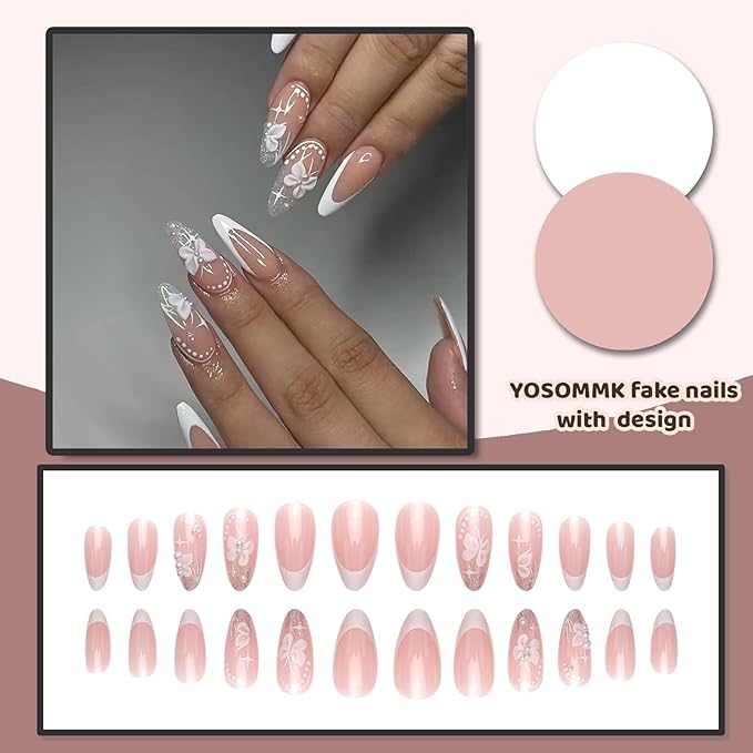 Medium Fake Nails Almond Press on Nails with Butterfly Designs French Tip Glossy Glue on Acrylic Nails Nude Full Cover Stick on Nails for Women and Girls
