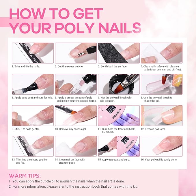 Modelones Poly Nail Gel Kit, 6 Colors Poly Extension Gel Clear Pink White with 48W U V/LED Lamp 3D Nail Charms Builder Slip Solution Complete Toe Manicure Supplies Tools for Starter-VivaGrace Women