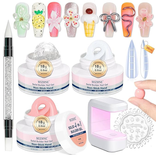 MIZHSE Solid Builder Gel Nail Kit with Nail Lamp, 3 Colors Builder Gel Clear Milky White Nude Hard Sculpting 3D Art U V LED Gels with Dual Form-VivaGrace Women