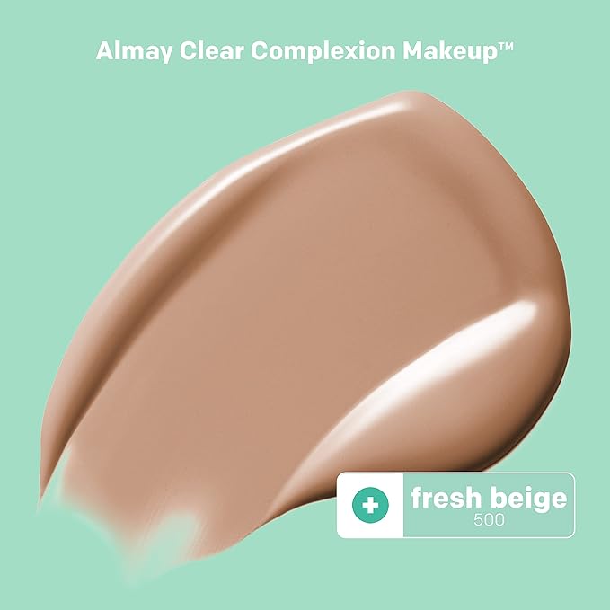 Almay Clear Complexion Acne Foundation Makeup with Salicylic Acid - Lightweight, Medium Coverage, Hypoallergenic, Fragrance-Free, for Sensitive Skin, 500 Fresh Beige, 1 fl oz.-VivaGrace Women