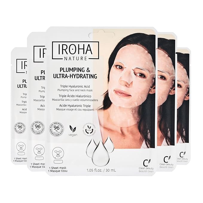 IROHA NATURE Replumping & Anti-Aging Tissue Face Mask (Pack of 5) | With Triple Hyaluronic Acid | Deep Hydration & Anti-Aging Effect | For Softer Skin | 100% Vegan-VivaGrace Women