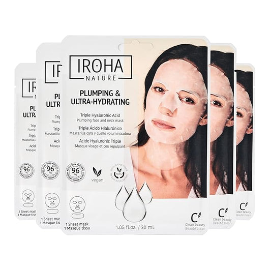IROHA NATURE Replumping & Anti-Aging Tissue Face Mask (Pack of 5) | With Triple Hyaluronic Acid | Deep Hydration & Anti-Aging Effect | For Softer Skin | 100% Vegan-VivaGrace Women