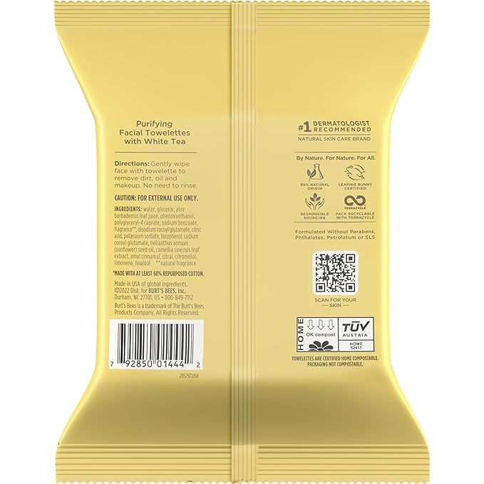 Burt's Bees Purifying Facial Towelettes With White Tea, Pre-Moistened Towelettes for All Skin Types, 99.1 Percent Natural Origin Skin Care, 30 ct. Package