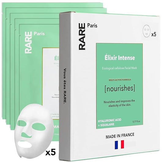 Élixir Intense - Nourishing Facial Sheet Mask - Hydrating & Brightening - With Hyaluronic Acid & Squalene - Nourishing, Firming & Revitalizing - Multi-Active Serum Formula - 5 Pack