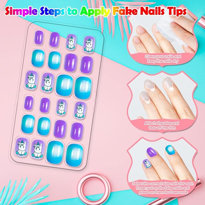 144 Pieces Fake Nails for Kids Girls Artificial Kids Press on Nails Full Cover Short Acrylic Stick On Nails False Nail Tips Kit for Children Little Girls Nail Art Decoration (Sweet Pattern)